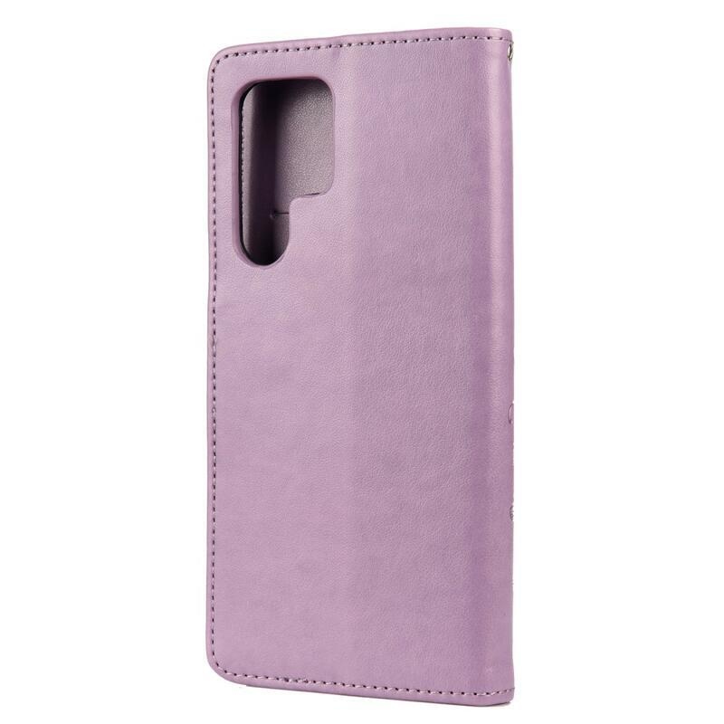 Butterfly PU kožené peněženkové pouzdro na mobil Samsung Galaxy S22 Ultra 5G - světlefialové