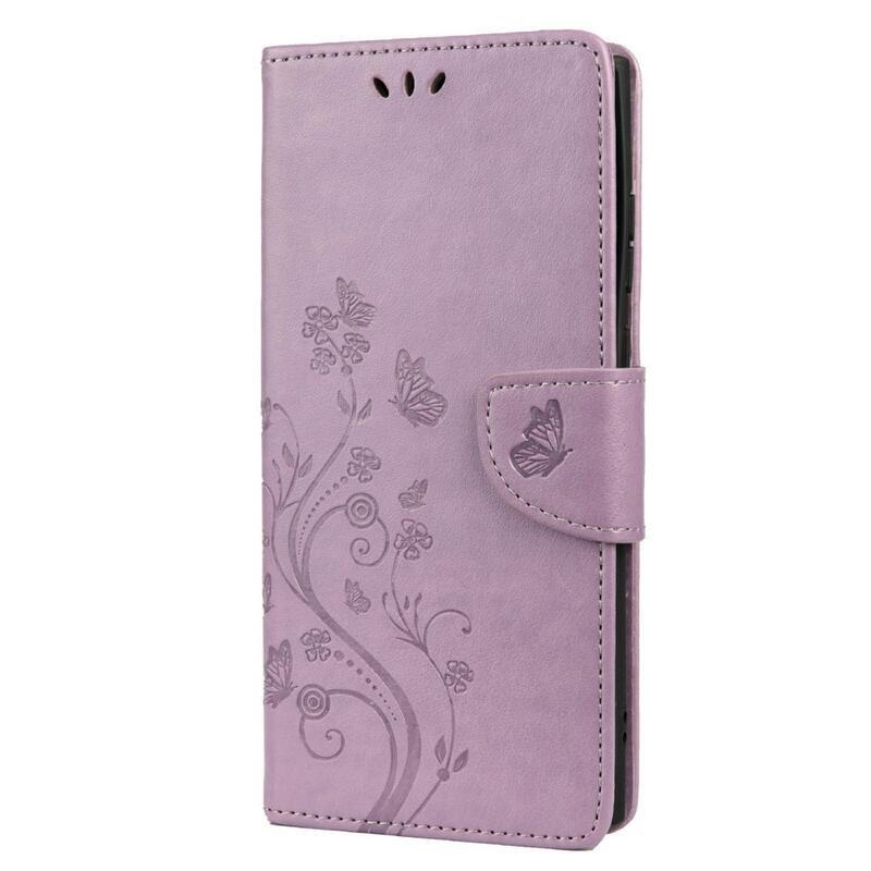 Butterfly PU kožené peněženkové pouzdro na mobil Samsung Galaxy S22 Ultra 5G - světlefialové