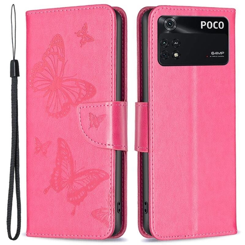 Butterfly PU kožené peněženkové pouzdro na mobil Xiaomi Poco M4 Pro 4G - rose