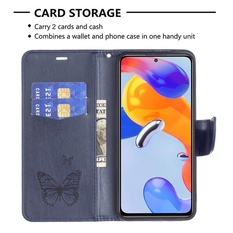 Butterfly PU kožené peněženkové pouzdro na mobil Xiaomi Poco M4 Pro 4G - tmavěmodré