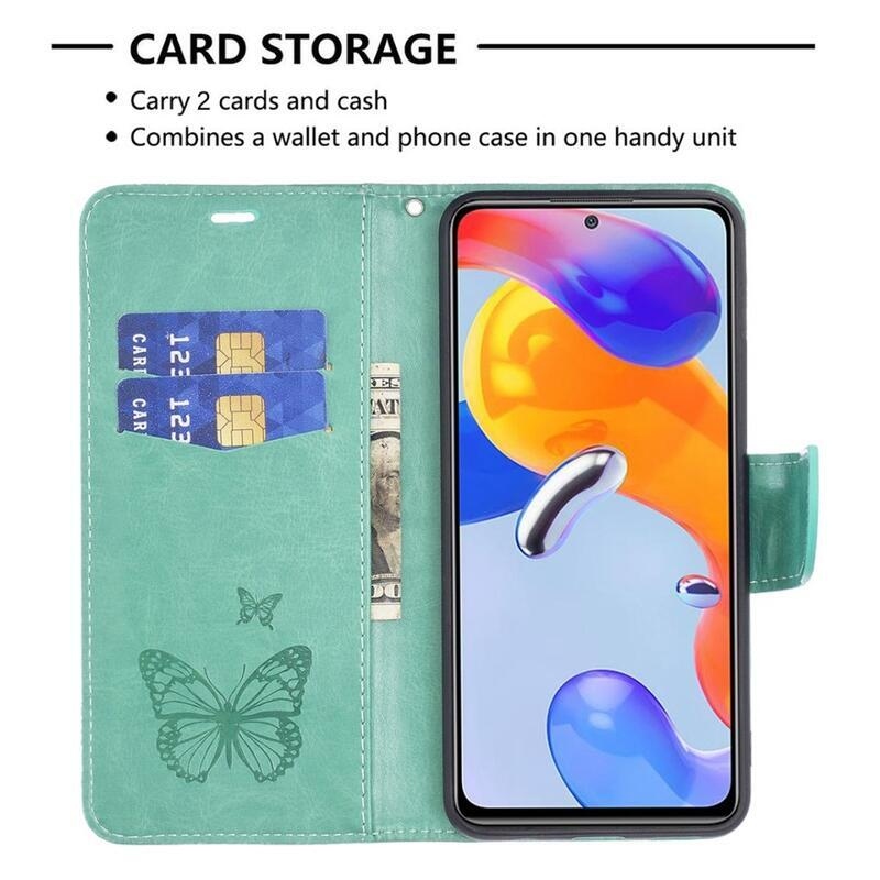 Butterfly PU kožené peněženkové pouzdro na mobil Xiaomi Poco M4 Pro 4G - zelené