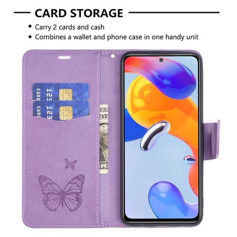 Butterfly PU kožené peněženkové pouzdro na mobil Xiaomi Redmi 10C - fialové