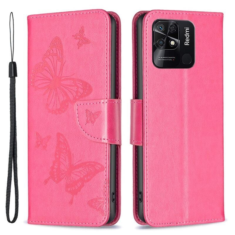 Butterfly PU kožené peněženkové pouzdro na mobil Xiaomi Redmi 10C - rose