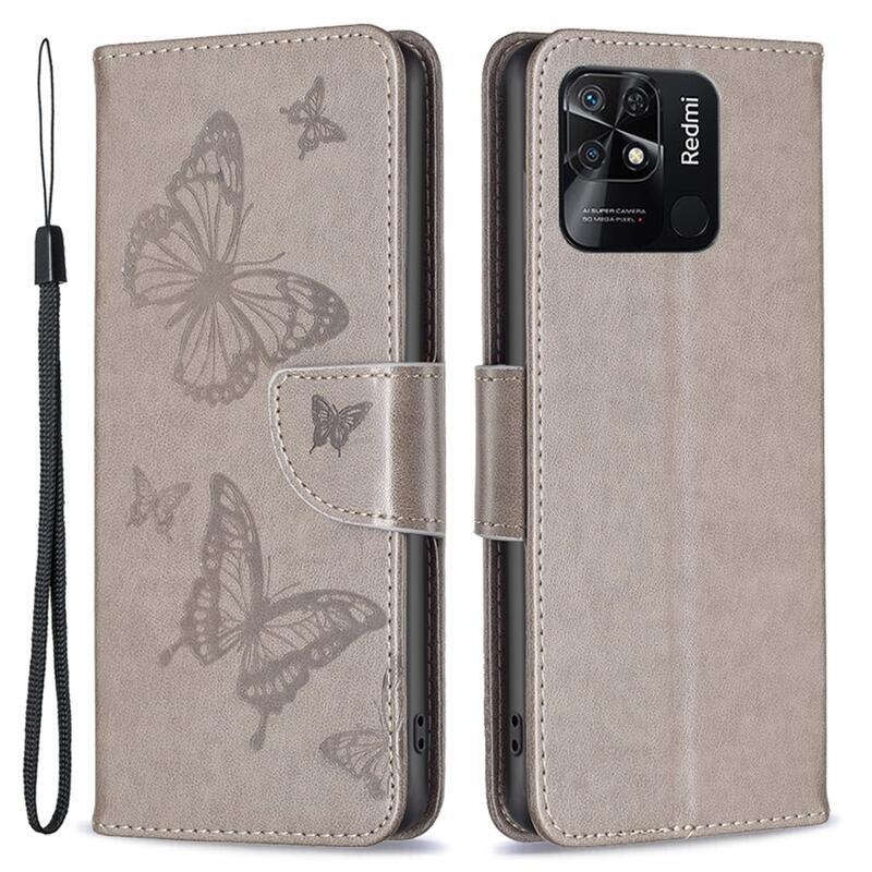 Butterfly PU kožené peněženkové pouzdro na mobil Xiaomi Redmi 10C - šedé