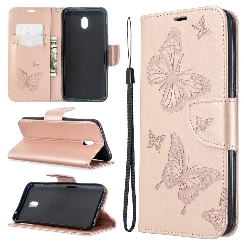 Butterfly PU kožené peněženkové pouzdro na mobil Xiaomi Redmi 8A - růžovozlaté