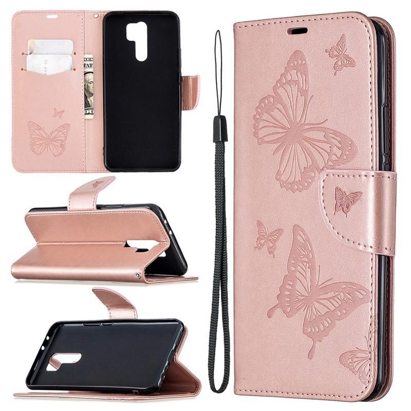 Butterfly PU kožené peněženkové pouzdro na mobil Xiaomi Redmi 9 - růžovozlaté