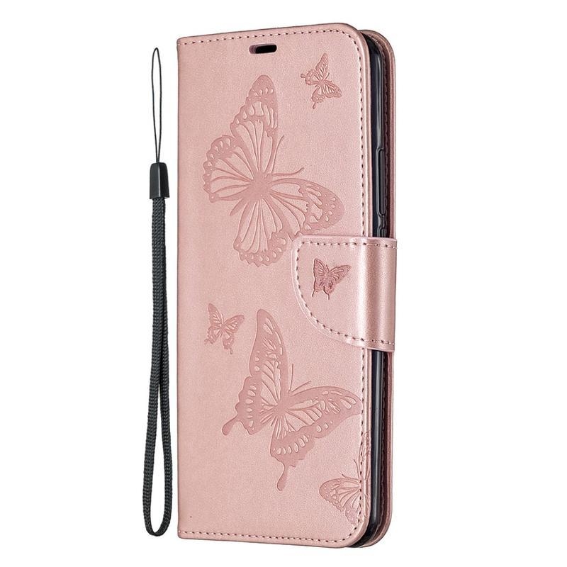Butterfly PU kožené peněženkové pouzdro na mobil Xiaomi Redmi 9 - růžovozlaté