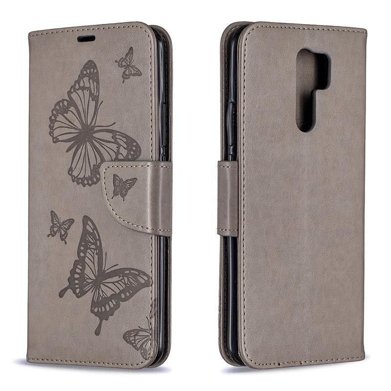 Butterfly PU kožené peněženkové pouzdro na mobil Xiaomi Redmi 9 - šedé
