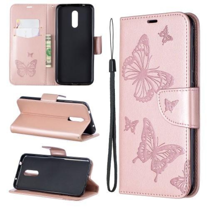 Butterfly PU kožené peněženkové pouzdro pro mobil Nokia 3.2 - růžovozlaté