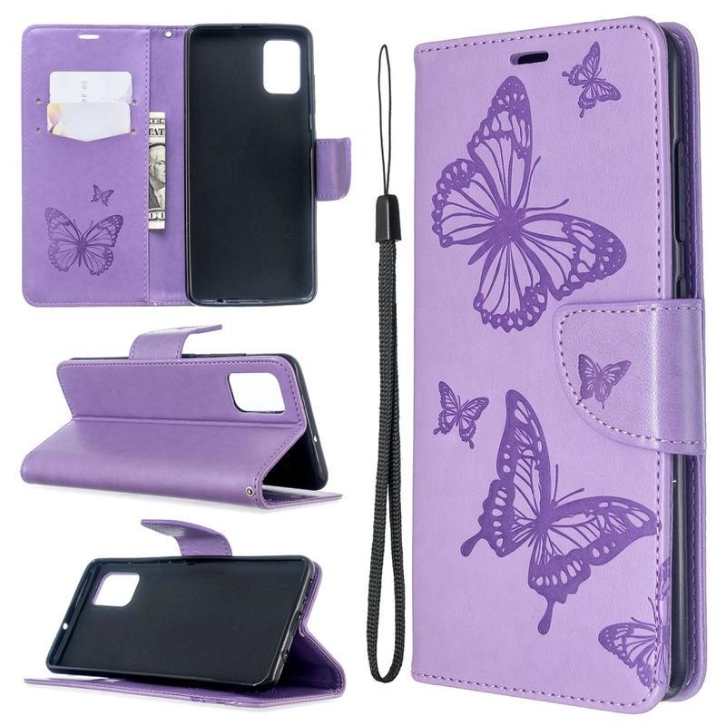 Butterfly PU kožené pouzdro na mobil Samsung Galaxy A51 - fialové