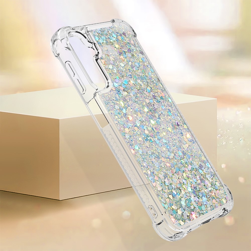 Glitter přesýpací gelový obal na Samsung Galaxy A24 - stříbrný/srdíčka	