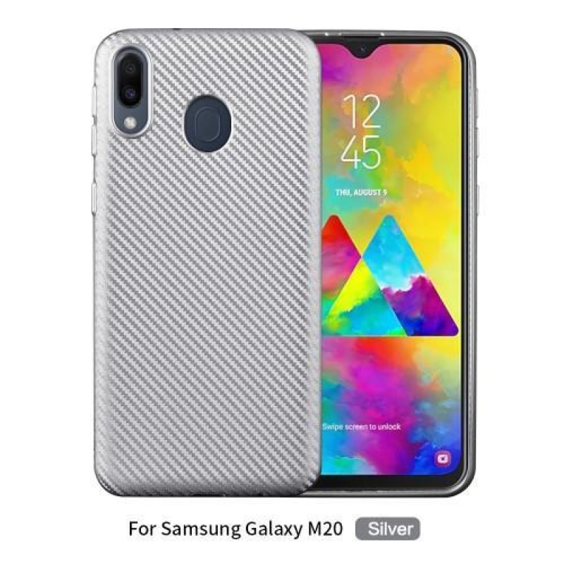Carbon Fiber texturovaný gelový obal na mobil Samsung Galaxy M20 - stříbrný