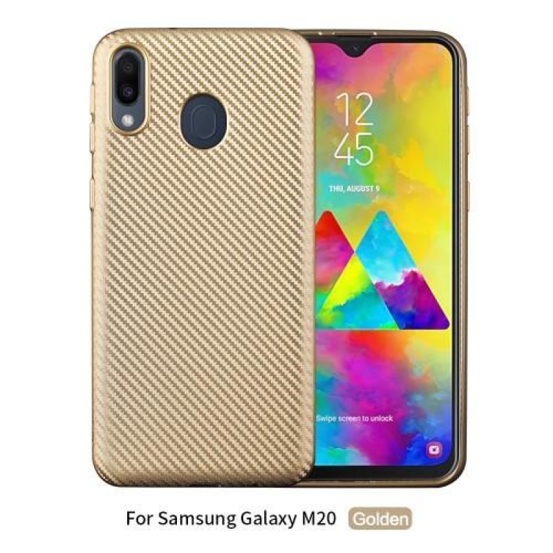 Carbon Fiber texturovaný gelový obal na mobil Samsung Galaxy M20 - zlatý