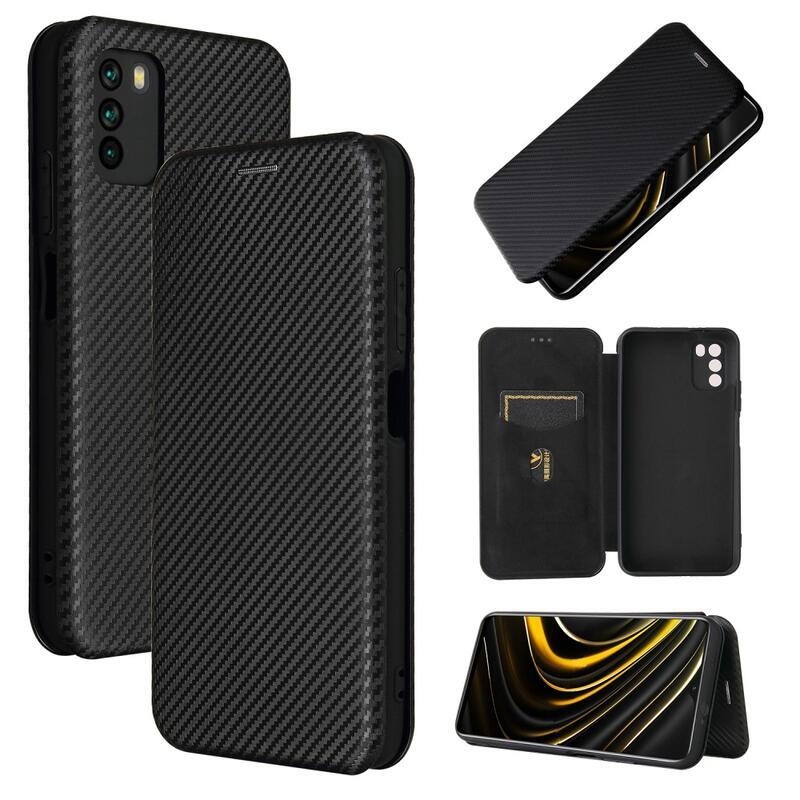 Carbon PU kožené peněženkové pouzdro na mobil Xiaomi Poco M3 - černé