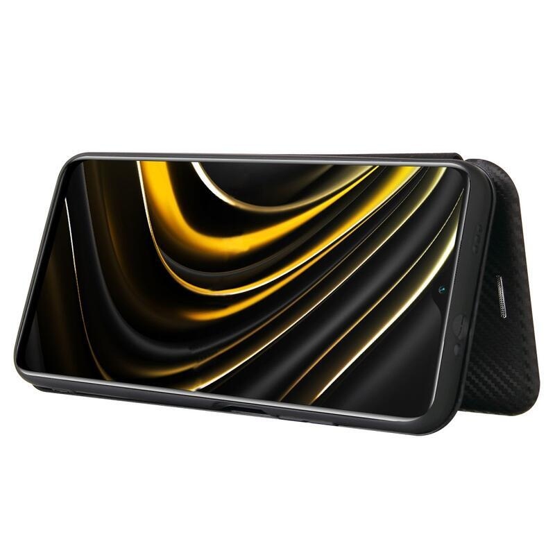Carbon PU kožené peněženkové pouzdro na mobil Xiaomi Poco M3 - černé
