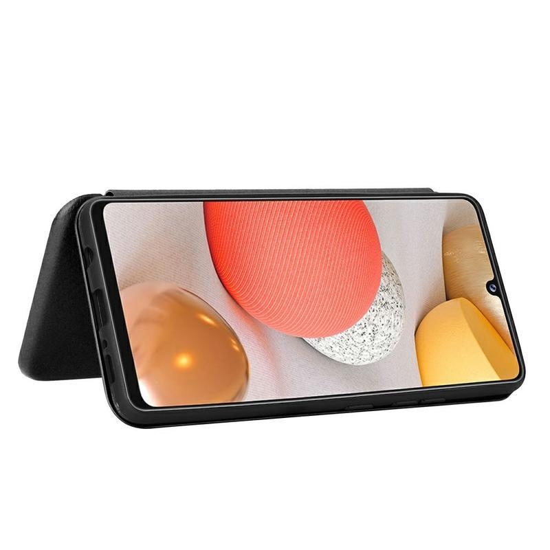 Carbon PU kožené peněženkové pouzdro pro mobil Samsung Galaxy A42 5G - černé