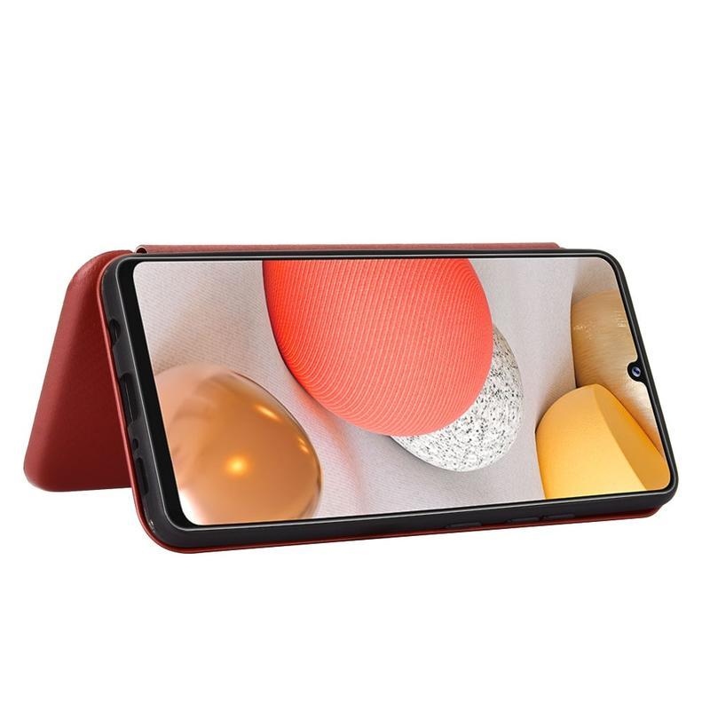Carbon PU kožené peněženkové pouzdro pro mobil Samsung Galaxy A42 5G - červené