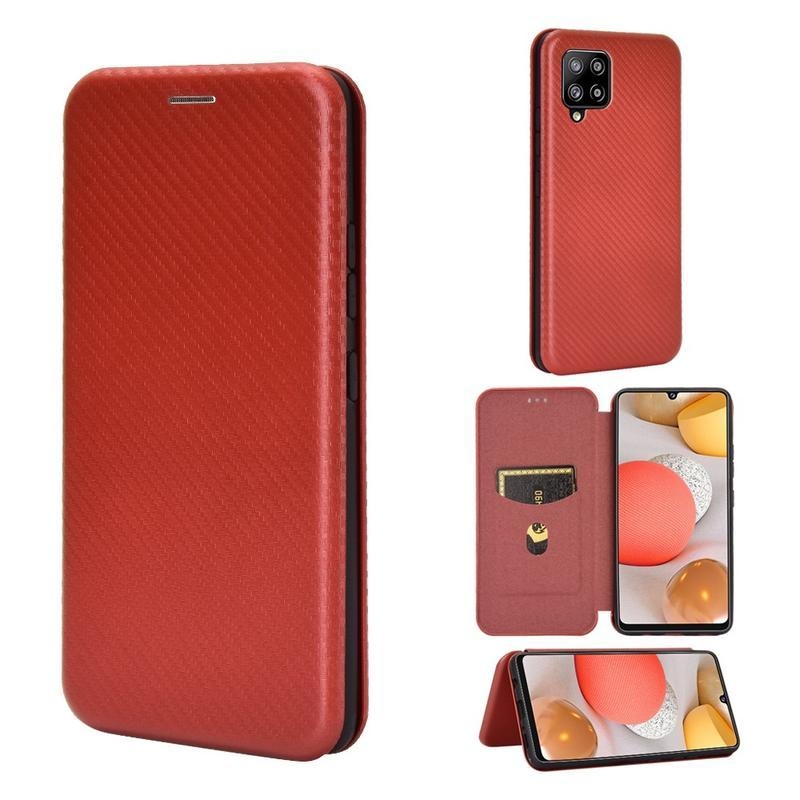 Carbon PU kožené peněženkové pouzdro pro mobil Samsung Galaxy A42 5G - červené