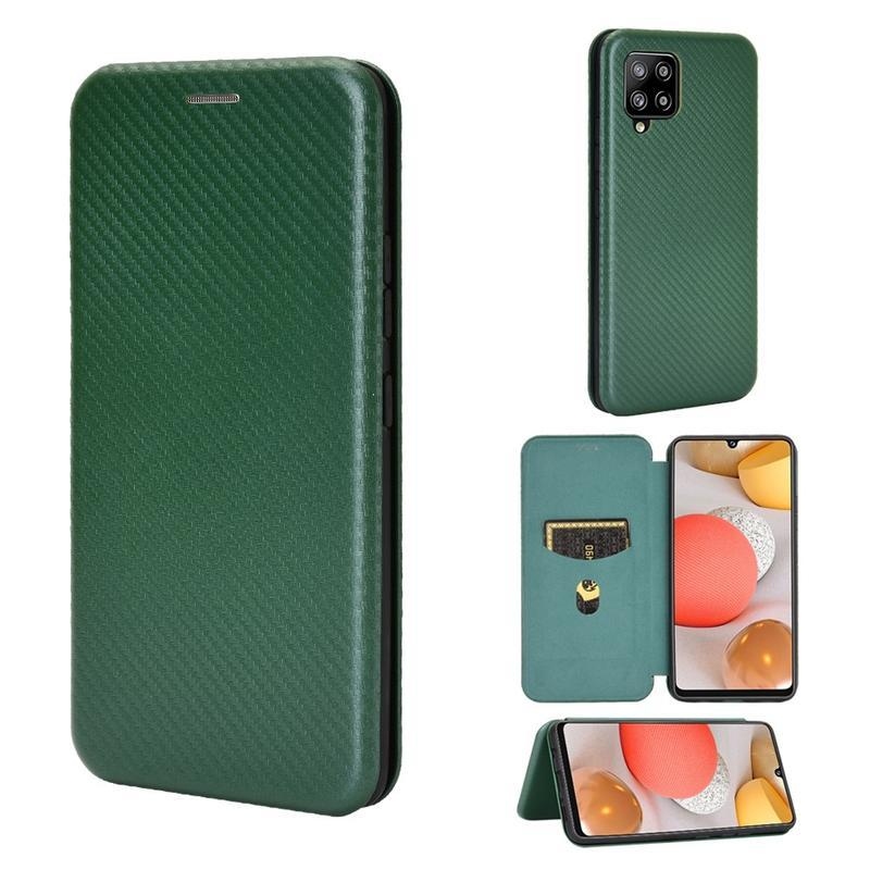 Carbon PU kožené peněženkové pouzdro pro mobil Samsung Galaxy A42 5G - zelené
