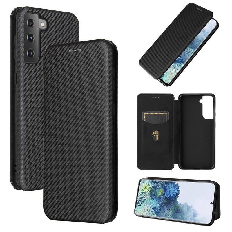 Carbon PU kožené peněženkové pouzdro pro telefon Samsung Galaxy S21 Plus - černé
