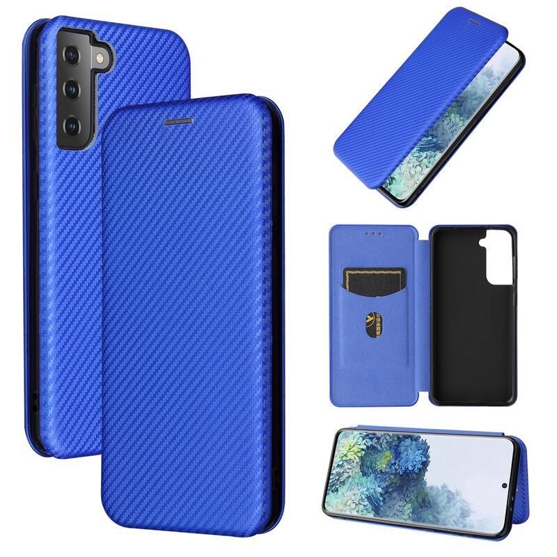 Carbon PU kožené peněženkové pouzdro pro telefon Samsung Galaxy S21 Plus - modré