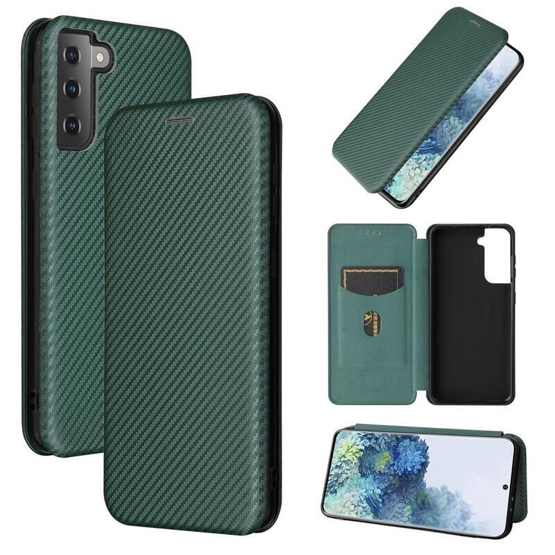 Carbon PU kožené peněženkové pouzdro pro telefon Samsung Galaxy S21 Plus - zelené