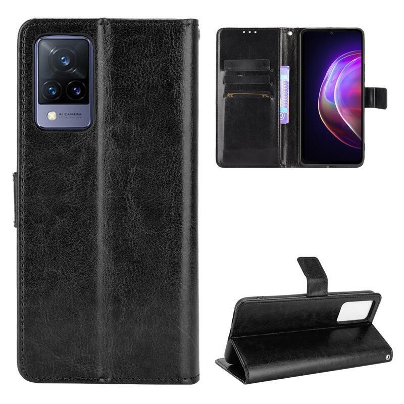Crazy PU kožené peněženkové pouzdro na mobil Vivo V21 4G/5G - černé