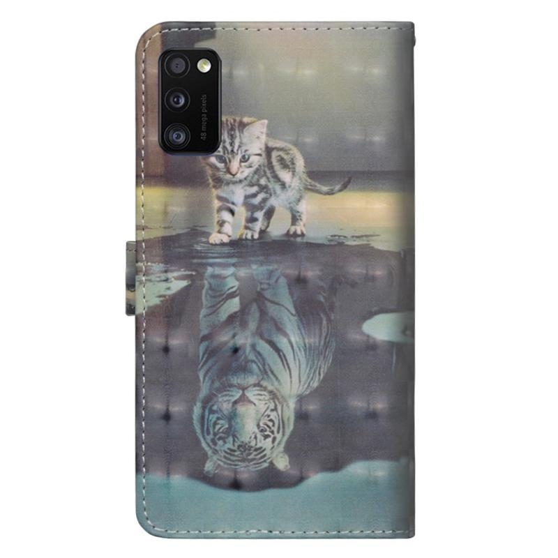 Decor PU kožené peněženkové pouzdro na mobil Samsung Galaxy A41 - kočka a odraz tygra