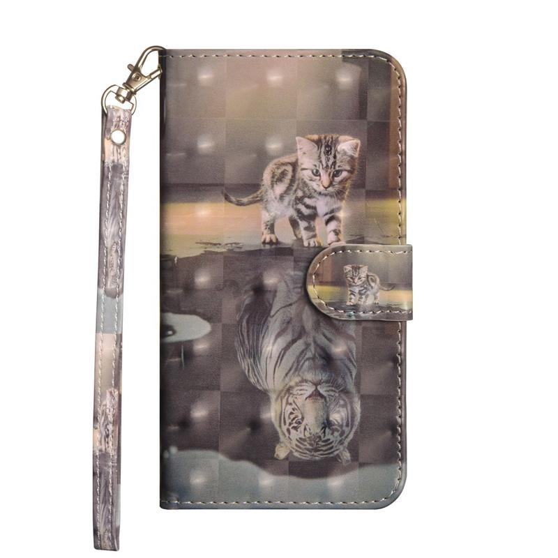 Decor PU kožené peněženkové pouzdro na mobil Samsung Galaxy A41 - kočka a odraz tygra