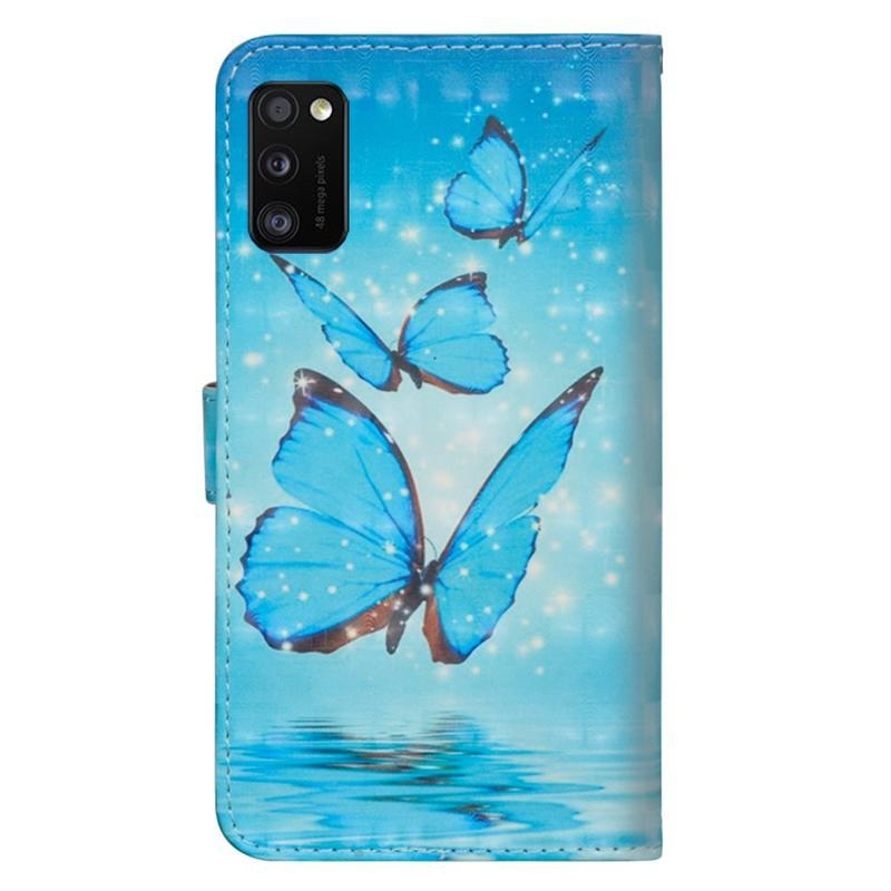 Decor PU kožené peněženkové pouzdro na mobil Samsung Galaxy A41 - modří motýli