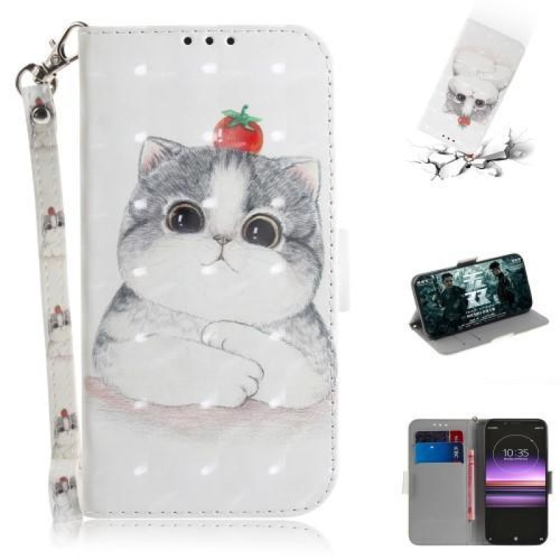 Decor PU kožené peněženkové pouzdro na mobil Sony Xperia 1 - bíla kočka