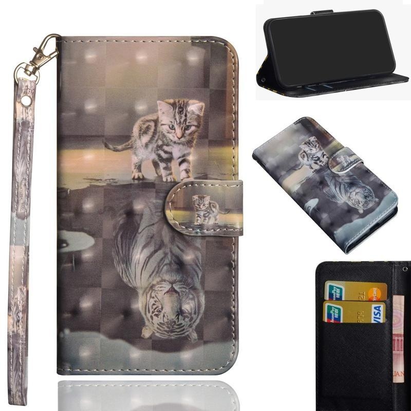 Decor PU kožené peněženkové pouzdro na mobil Xiaomi Redmi 9A/9AT - kočka a odraz tygra