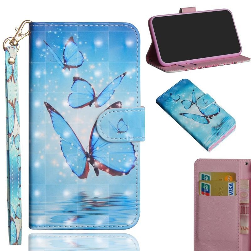 Decore PU kožené peněženkové pouzdro na mobil iPhone 12 Pro/12 - modrý motýl