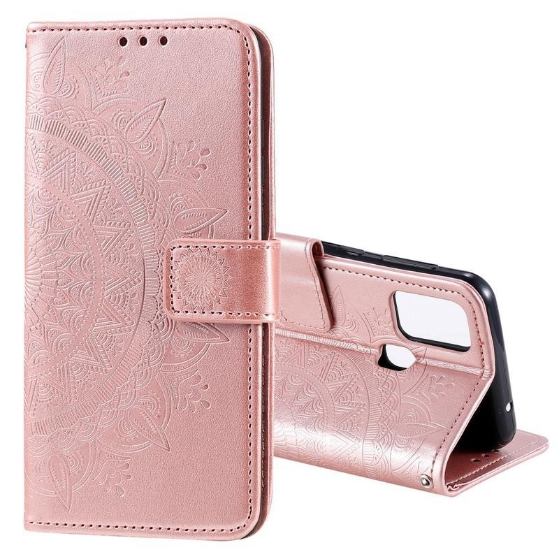 Flower PU kožené peněženkové pouzdro na mobil Honor 9X Lite - růžovozlaté