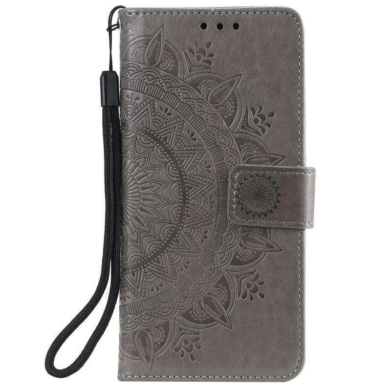 Flower PU kožené peněženkové pouzdro na mobil Honor 9X Lite - šedé