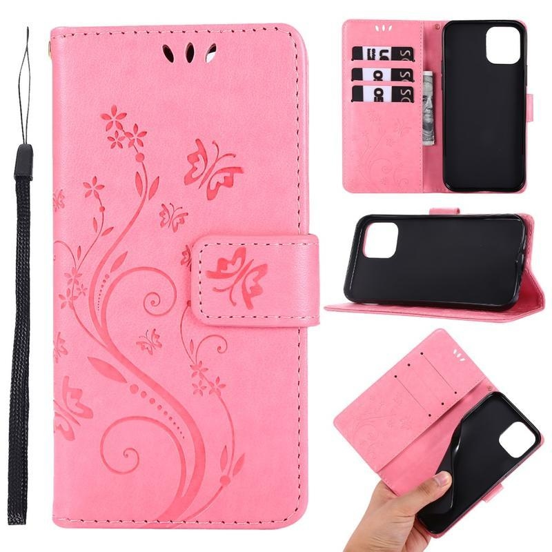 Flower PU kožené peněženkové pouzdro na mobil iPhone 12 Pro/12 - růžové