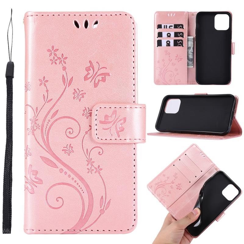 Flower PU kožené peněženkové pouzdro na mobil iPhone 12 Pro/12 - růžovozlaté