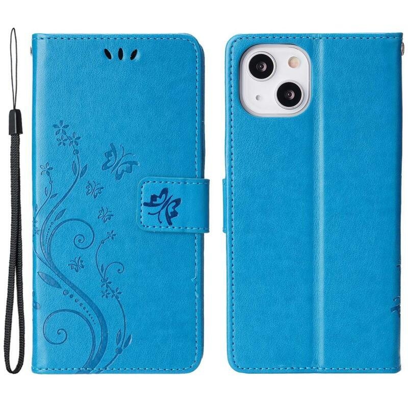 Flower PU kožené peněženkové pouzdro na mobil iPhone 14 6.1 - modré