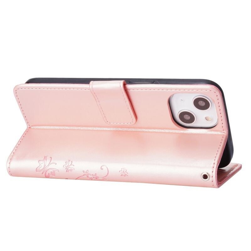Flower PU kožené peněženkové pouzdro na mobil iPhone 14 6.1 - růžovozlaté