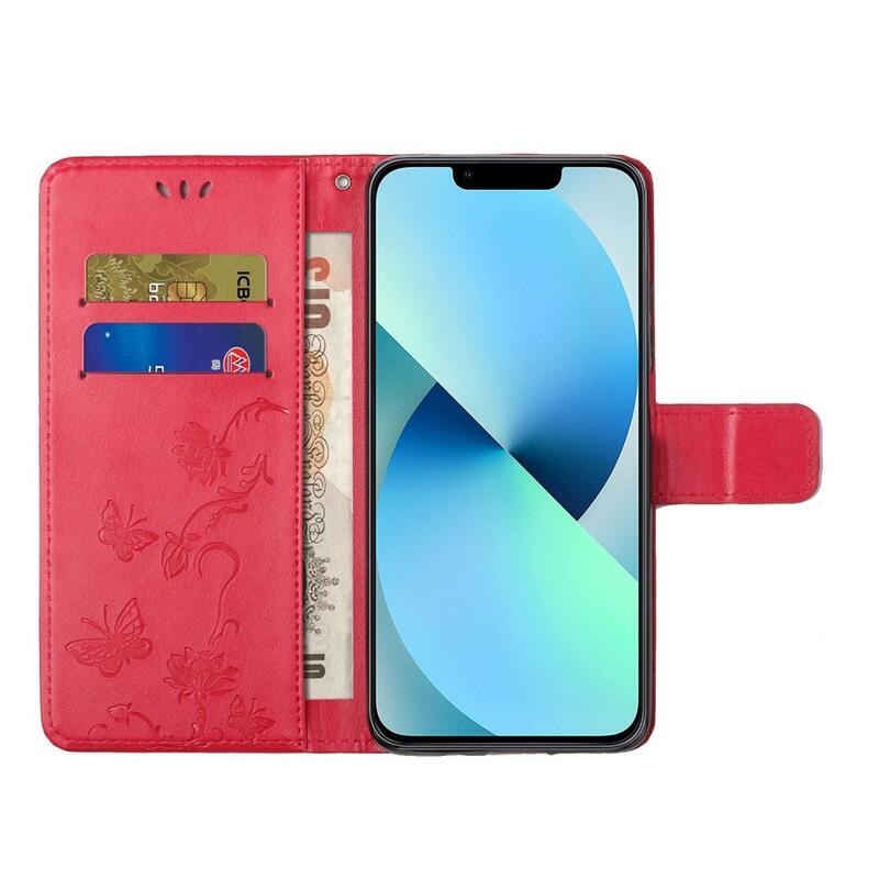 Flower PU kožené peněženkové pouzdro na mobil iPhone 14 Pro Max 6.7 - červené