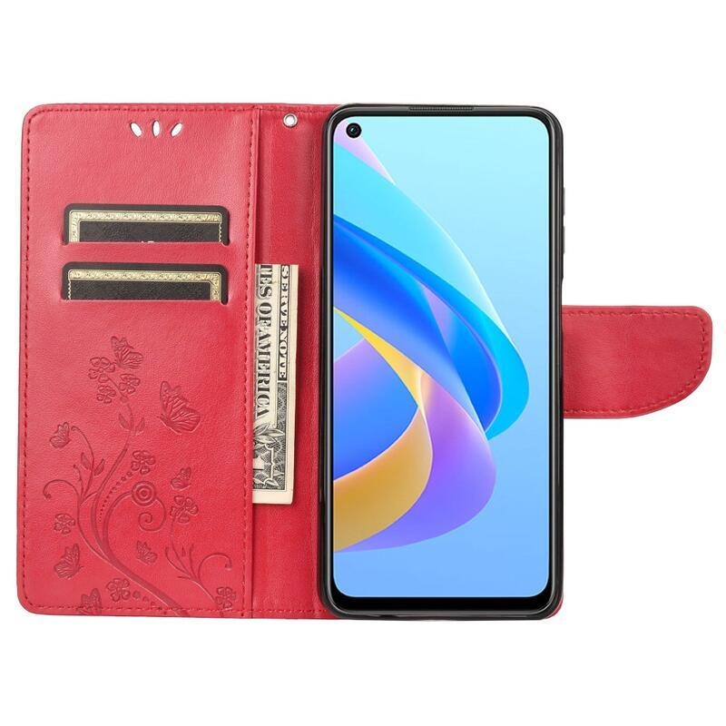 Flower PU kožené peněženkové pouzdro na mobil Realme 9i - červené