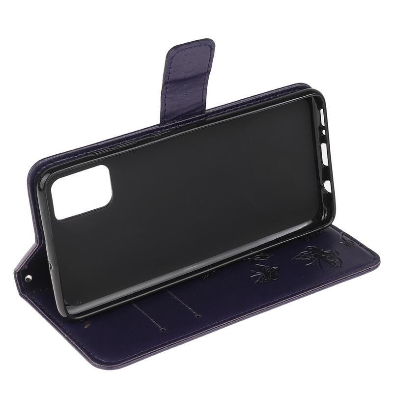 Flower PU kožené peněženkové pouzdro na mobil Samsung Galaxy A02s (164.2x75.9x9.1mm) - tmavěfialové
