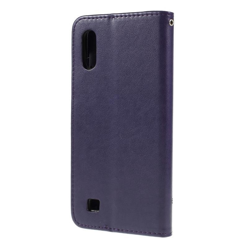 Flower PU kožené peněženkové pouzdro na mobil Samsung Galaxy A10 - tmavěfialové