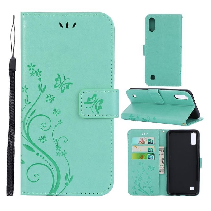 Flower PU kožené peněženkové pouzdro na mobil Samsung Galaxy A10 - zelené