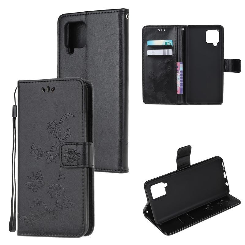 Flower PU kožené peněženkové pouzdro na mobil Samsung Galaxy A12/M12 - černé