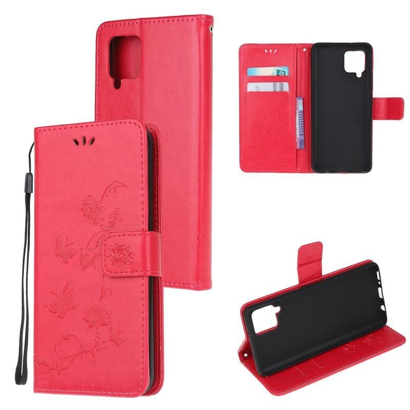 Flower PU kožené peněženkové pouzdro na mobil Samsung Galaxy A12/M12 - červené