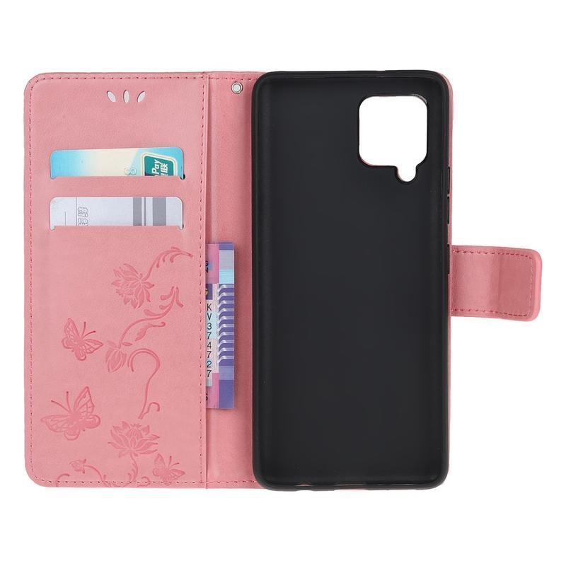 Flower PU kožené peněženkové pouzdro na mobil Samsung Galaxy A12/M12 - růžové