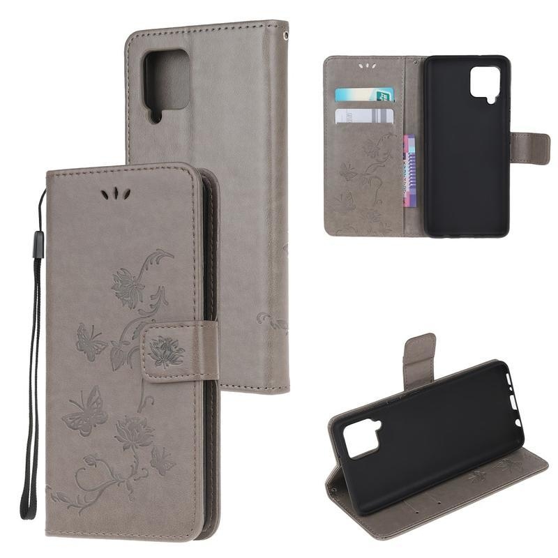 Flower PU kožené peněženkové pouzdro na mobil Samsung Galaxy A12/M12 - šedé