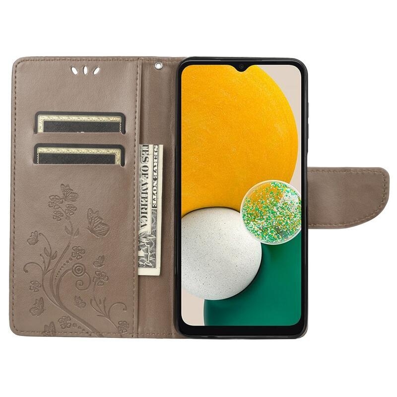 Flower PU kožené peněženkové pouzdro na mobil Samsung Galaxy A13 4G - šedé