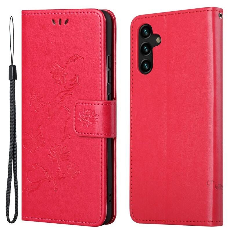 Flower PU kožené peněženkové pouzdro na mobil Samsung Galaxy A13 5G/Galaxy A04s (164.7 x 76.7 x 9.1 mm) - červené